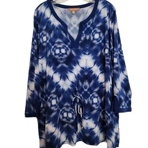 Ellen Tracy blue print white V-Neck tie waist long sleeves tunic XL